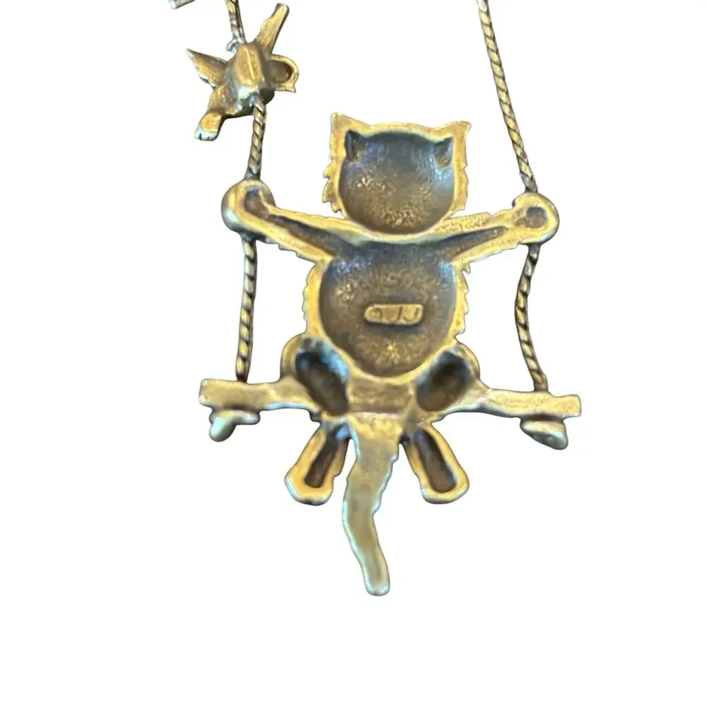Whimsical JJ Cat on Swing Brooch Dangling Bird Gold Tone Vintage Figural